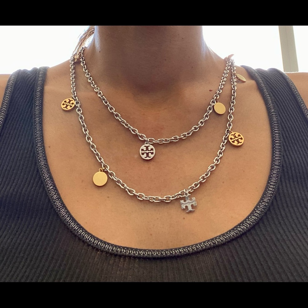 Tory Burch logo necklace, gold and silver tone.